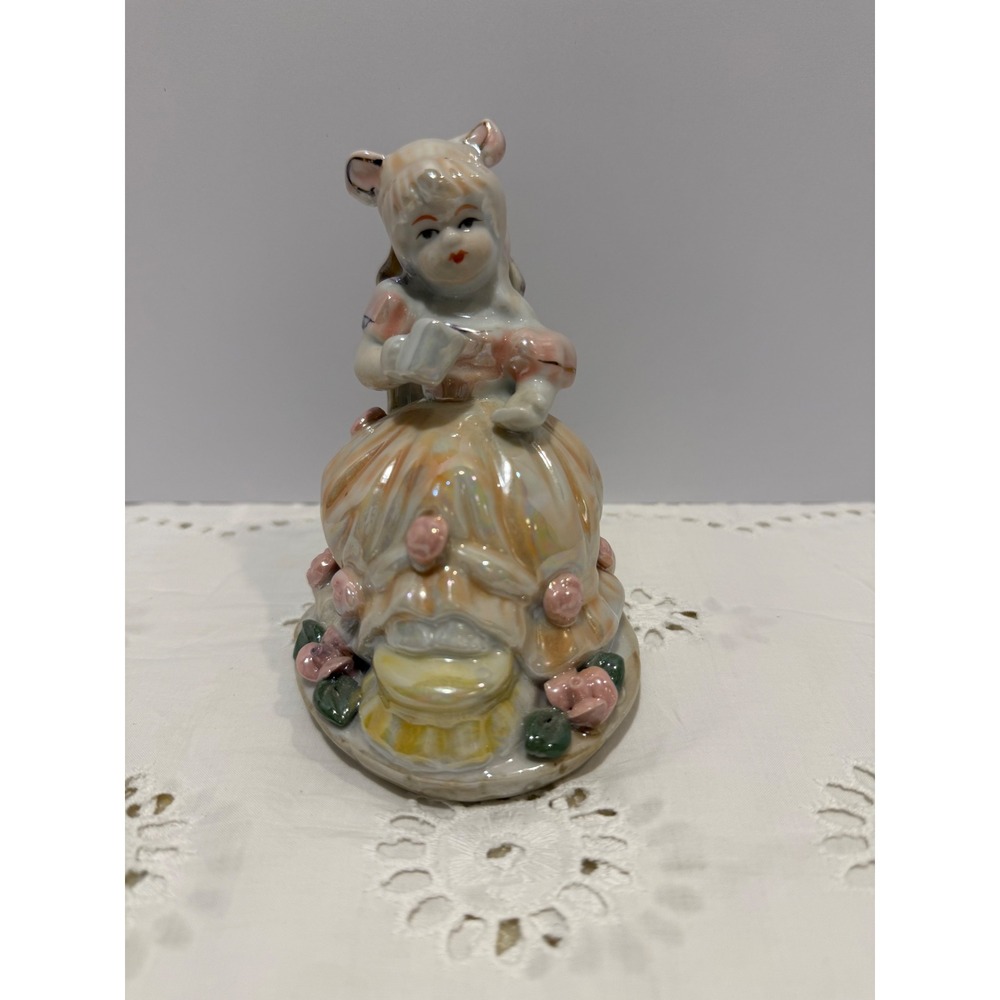 Vintage 1950 Japanese Lusterware Girl Reading Figurine Iridescent Porcelain Rose